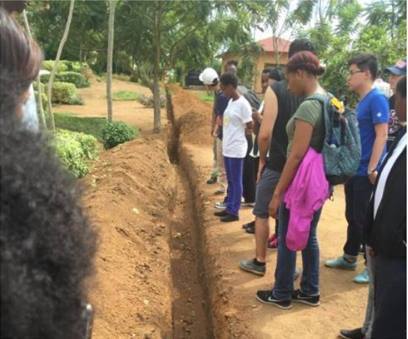 Students look into a ditch