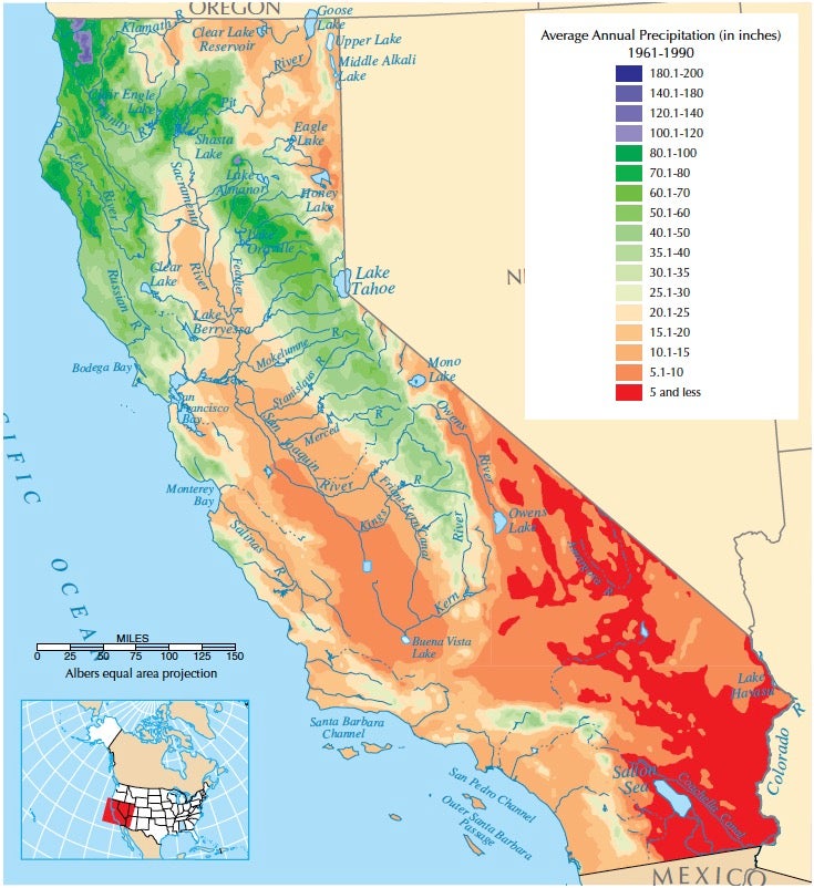 Figure 1: This map of the average annual precipitation in California shows the large geographical variation in climate across the state. (Source: U.S. Department of Interior; USGS; https://nationalmap.gov/small_scale/printable/ climatemap.html#California)