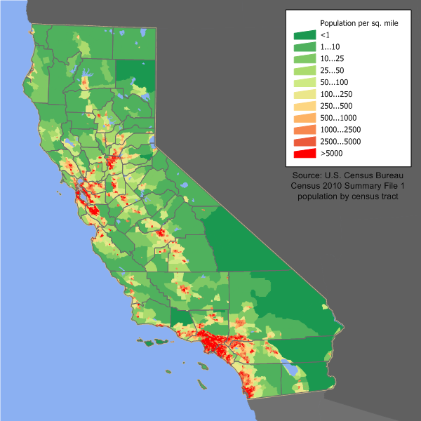 Figure 5: This California population density map shows that population is concentrated on the South Coast from Los Angeles to San Diego, in the San Francisco Bay area, and across the Central Valley. (Source: Jim lrwin at English language Wikipedia; U.S. Census Bureau; https://commons.wikimedia.org/wiki/ File:California_population_map.png)