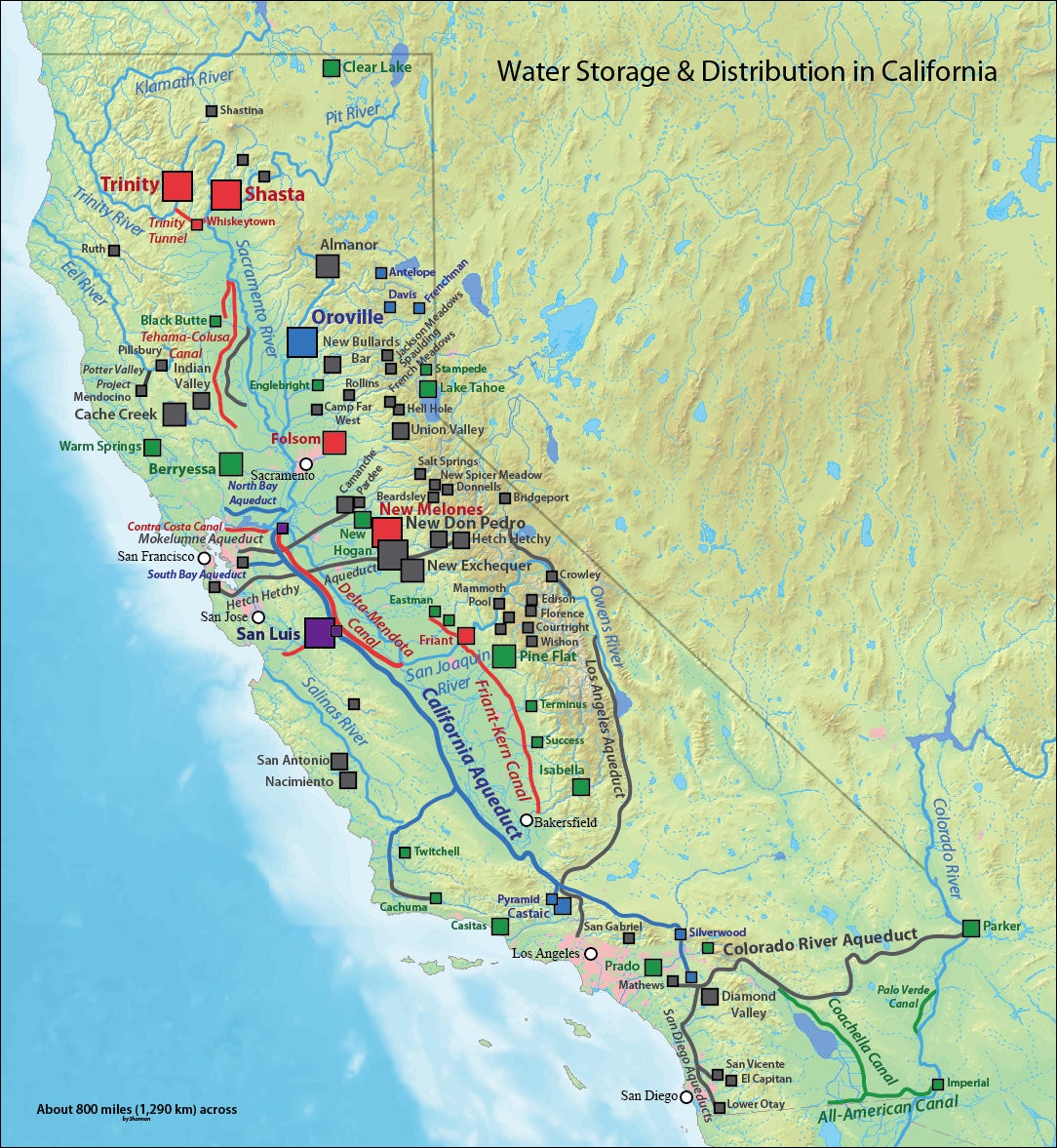 Figure 6: Water Infrastructure in California (Source: Shannon1 at English language Wikipedia; https://commons.wikimedia.org/ wiki/File:California_water_system.jpg)