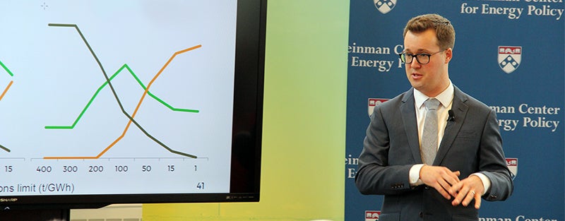 Visiting scholar Jesse Jenkins, of MIT, presents his findings and policy recommendations during a lecture in the Energy Forum.