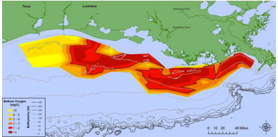 Figure 2: The 2015 dead zone in the Gulf of Mexico spanned 6,474 square miles. The dead zone is primarily caused by nitrogen fertilizer run-off from agricultural practices. Source: National Oceanic and Atmospheric Administration, 2015 