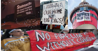 Figure 3: Top: Protests against the “closeness” of Alberta government (former premier Stelmach) and oil industry. Bottom: Natives from the Yinka Dene Alliance march through downtown Calgary to protest Enbridge Pipeline (CBC, Greenpeace, CPML.ca, The Canadian Press) 