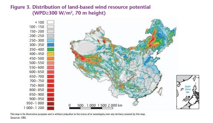 Figure 4: Distribution of wind resources in China. High resource areas are concentrated in the West and North, whereas most population is concentrated on the relatively sparse (wind-wise) East coast. 