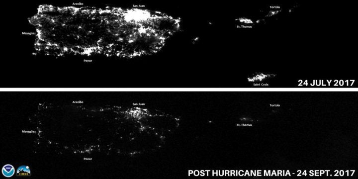 NOAA satellite images of Puerto Rico before and after Hurricane Maria. 