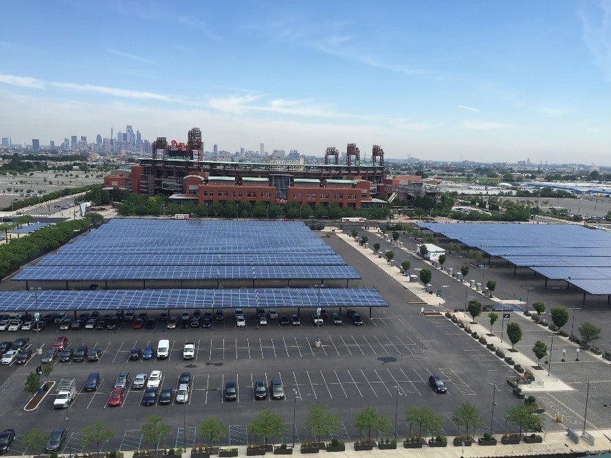 Solar panels over parking lot of the Eagles stadium