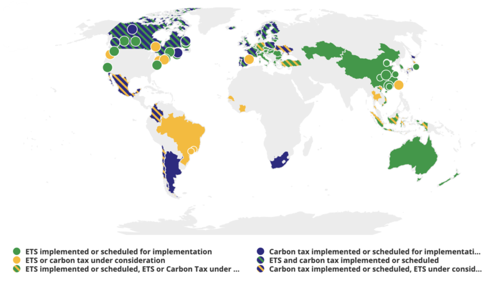 Figure 1. Global status of carbon tax schemas. “ETS” = Emissions trading system. 