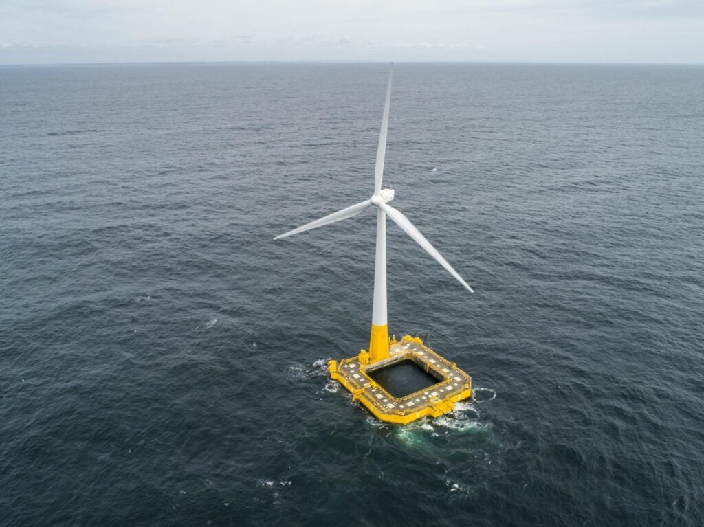 A floating offshore wind turbine.