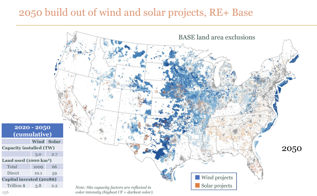 Figure 3: The E+ RE+ pathway would require 1,075,000 km2 of land to accommodate just wind and solar generation – approximately equivalent of the combined land areas of Arkansas, Iowa, Kansas, Missouri, Nebraska, Oklahoma, and West Virginia.