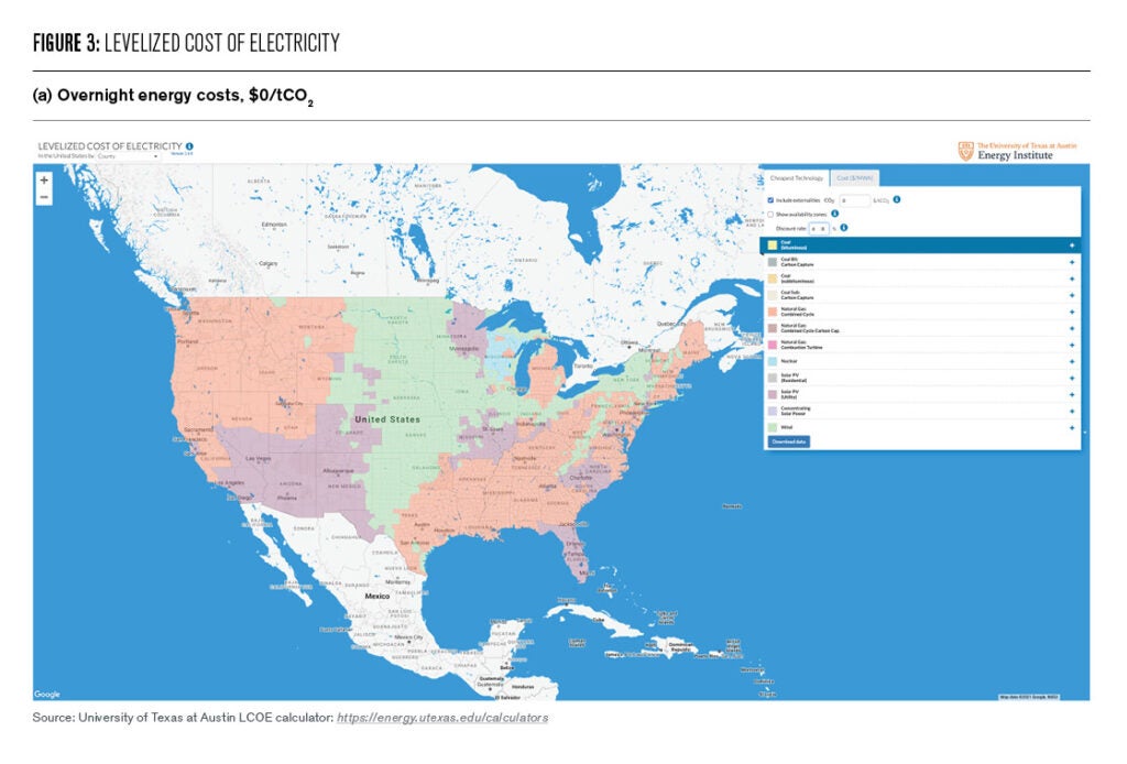 Top panel (a); least overnight cost energy by type with no carbon price ($0/tCO2); Middle panel (b) at the current California cost of $20/tCO2; Lower panel (c) energy costs at the Social Cost of Carbon of ~ $50/tCO2. The most dramatic change as the carbon price is increased is the replacement of natural gas (rust color) with solar (mauve). Of particular importance, President Biden signed an executive order on Day 1 of his administration to study and use the social cost of carbon for federal cost/benefit calculations. In fact, the executive order goes further, to include not only the social cost of carbon, but also that of methane and other climate pollutant emissions Source: University of Texas at Austin LCOE calculator: https://energy.utexas.edu/calculators