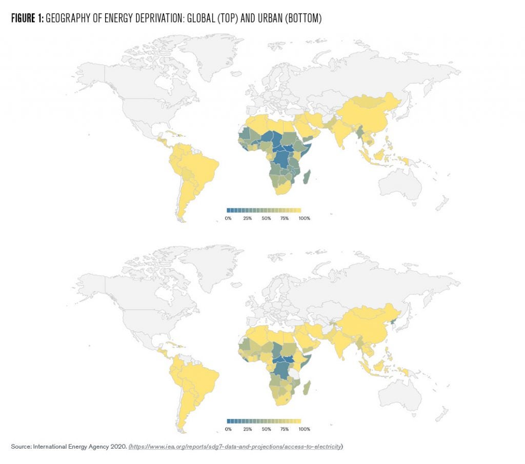 This figure shows two world maps illustrating the geography of energy deprivation (i.e. concentration of people who lack access to electricity). One map shows lack of access to electricity across the globe and the other shows lack of access to electricity in urban areas around the world. Both maps, which are very similar, show energy deprivation concentrated in Africa, Asia, and South America – and especially in sub-Saharan Africa. 