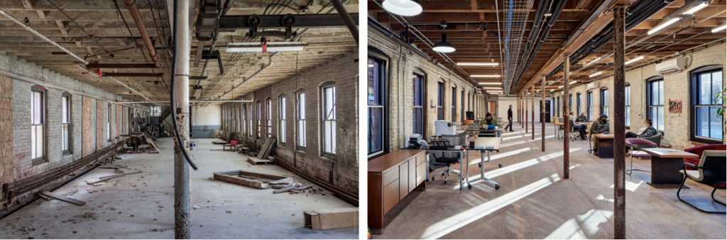 Figure 2: The Swift Factory, Before and After Rehabilitation. Images Courtesy Community Solutions, Inc. “Before” picture © Michael Vale Garner 2010. “After” picture © Robert Benson 2019.