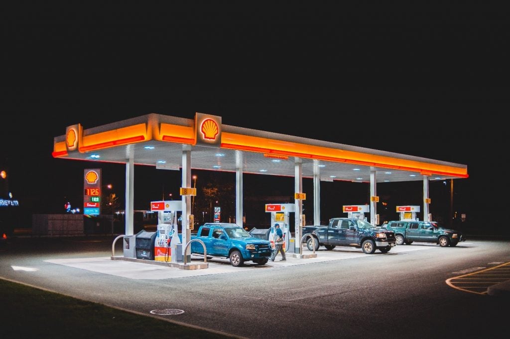 A shell gas station at night