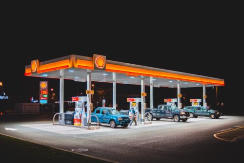 A shell gas station at night