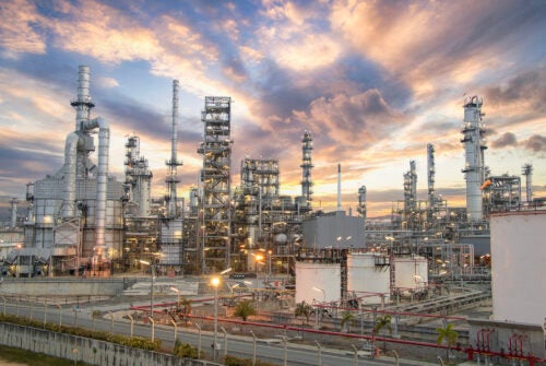 Oil and Gas Industrial zone,The equipment of oil refining,Close-up of industrial pipelines of an oil-refinery plant,Detail of oil pipeline with valves in large oil refinery.