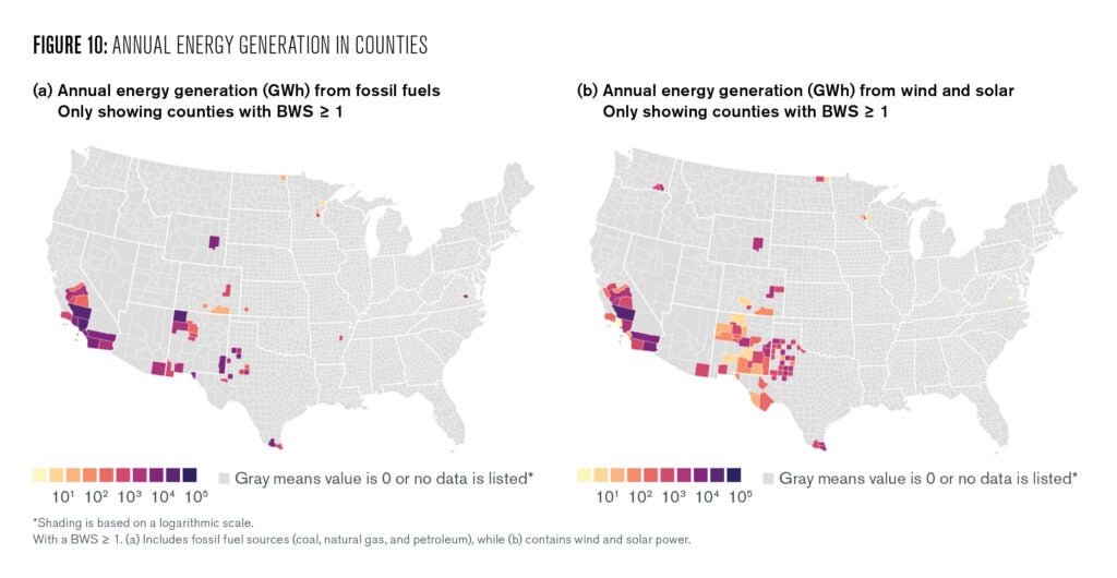 Figure 10: Annual energy generation in counties with a BWS ≥ 1. (a) Includes fossil fuel sources (coal, natural gas, and petroleum), while (b) contains wind and solar power. Figure 10: This last figure also shows two US county maps. The first shows fossil fuel generation in counties with a BWS grater than or equal to 1. The second map shows renewable generation in counties with a BWS greater than or equal to 1. For counties highlighted in the first map, retirement of existing power plant capacity in favor of new renewable investment could help to reduce local water stress. For countries in the map highlighting renewable generation, the takeaway might be that any additional generation investment should be carefully considered within the context of local water stress and demand. 