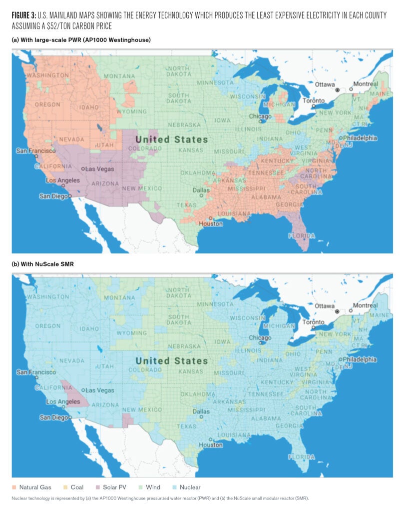 Figure 3. Two color-coded maps (a and b) of the mainland United States showing the energy technology which produces the least expensive electricity in each county when a $52 (in 2020 dollars) price on carbon emissions is imposed. The energy technologies under consideration are natural gas (orange), coal (yellow), solar photovoltaics (purple), wind (green), and nuclear (blue). 
In map a, nuclear is represented by the large-scale AP1000 Westinghouse reactor. Natural gas is most competitive in significant portions of the West and South. Wind is most competitive in most of the Great plains, Midwest, and Northeast. Solar PV is most competitive in the Southwest, Florida, and southern North Carolina. Nuclear is most competitive in significant portions of Minnesota and Wisconsin, and limited portions of Missouri, Illinois, Indiana, Ohio, West Virginia, and the Northeast. Coal does not produce the least expensive electricity in any U.S. county.
In map b, nuclear is represented by the NuScale small modular reactor. Natural gas and coal do not produce the least expensive electricity in any U.S. county. Wind is most competitive in a long strip stretching from North Dakota in the north to Texas in the South, and in limited areas in Appalachia, Midwest, and Northeast. Solar PV is most competitive in southern California and small areas in southern Arizona and southern New Mexico. Nuclear is most competitive only in a small area in the north of Minnesota. Nuclear is most competitive in almost all the West, South, Midwest, and Northeast.