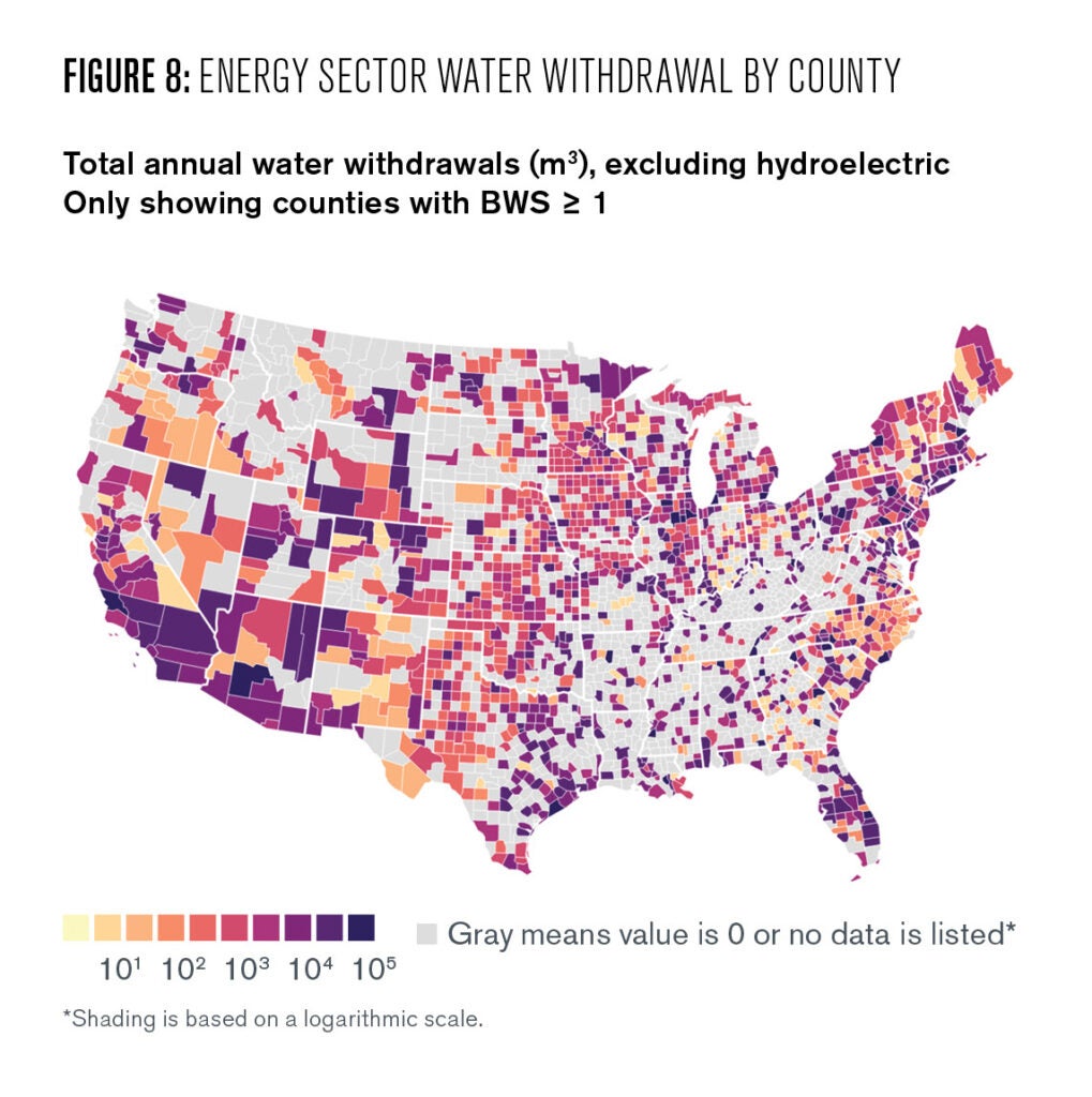 Figure 8: Energy sector water withdrawal by county, without hydropower. Note that shading is based on a logarithmic scale. Figure 8: This figure shows power sector water withdrawals by county (excluding hydroelectricity) – calculated using the withdrawal efficiencies in figure 4. Although consumption may seem like a more significant measurement, withdrawals can be equally threatening to local water stress levels by straining momentary demand for available water. 