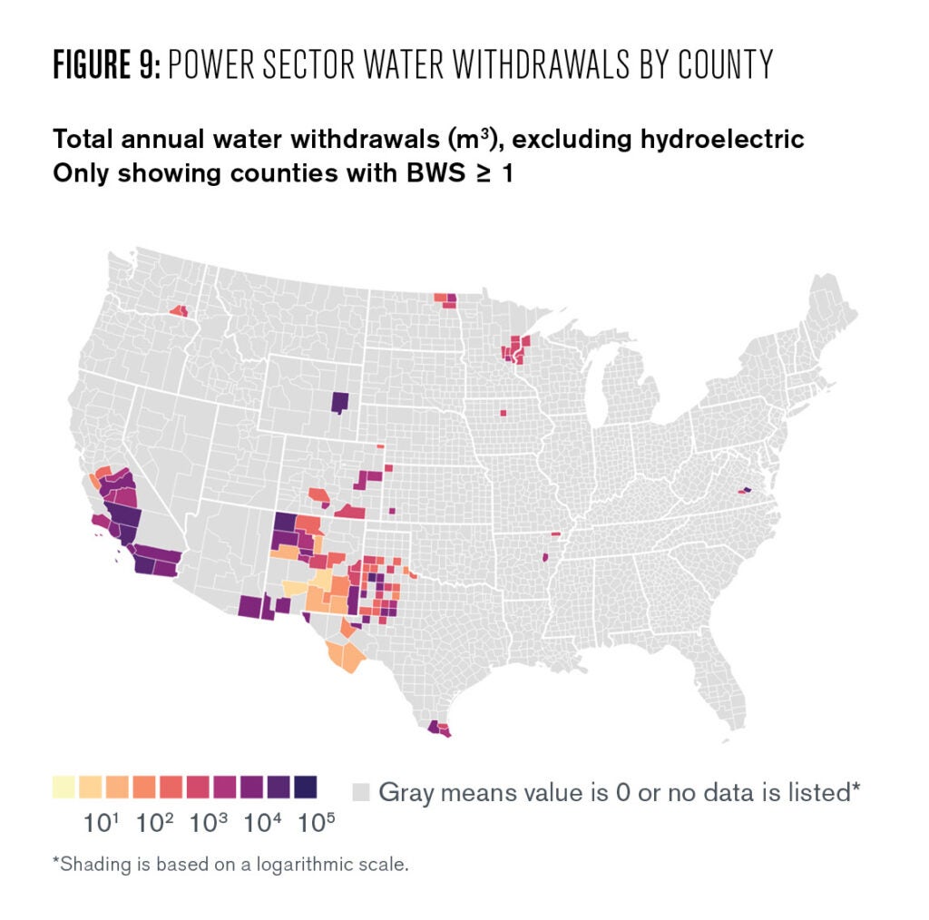 Figure 9: Power sector water withdrawals (excluding hydroelectric power) by county with a BWS ≥ 1. This is a subset of the data in Figure 8. Figure 9: This figure shows a subset of counties from figure 8 – only those where base water stress levels are greater than or equal to 1. This reveals a concentration of counties in the south west, particularly southern California, new Mexico, and western Texas where there is significant power sector water demand and relatively high water stress. 