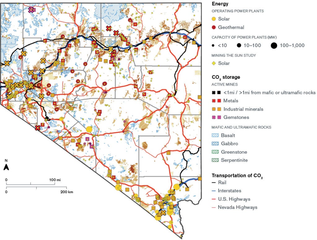 Figure 6: This figure is a map of Nevada showing operating solar and geothermal power plants, and opportunities for siting solar power plants, and CO2 storage, as well as existing transportation infrastructure (rail and roads) that could be used to transport the CO2 from its capture location to its storage location if needed.