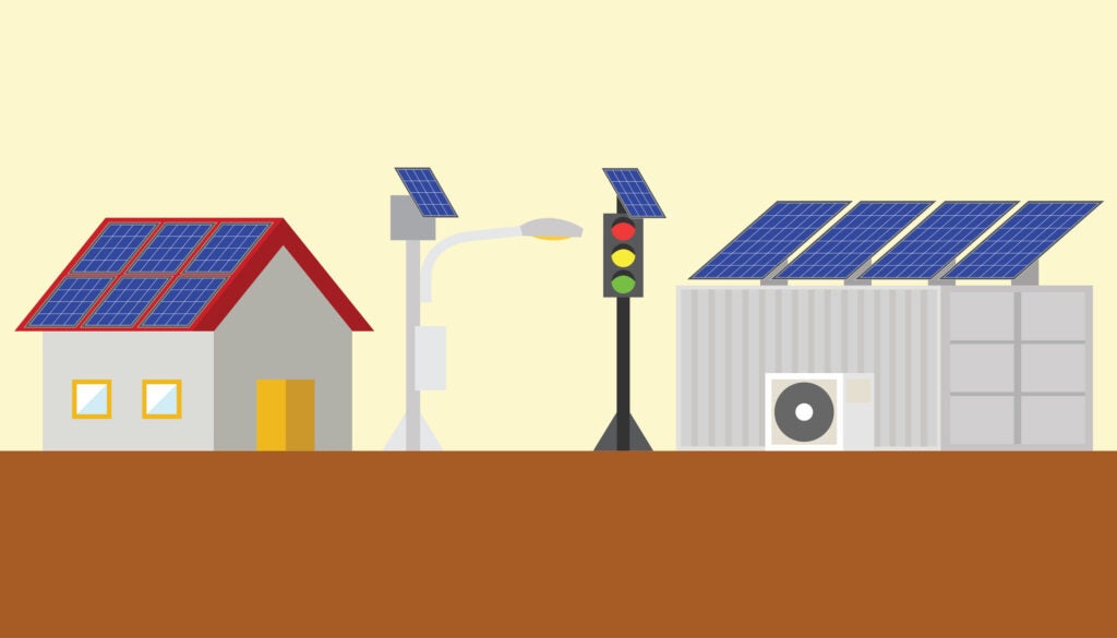 2d minimal clean smooth color infographics for solar rooftop, solar light,solar traffic light, and solar container on the ground as for microgrid development