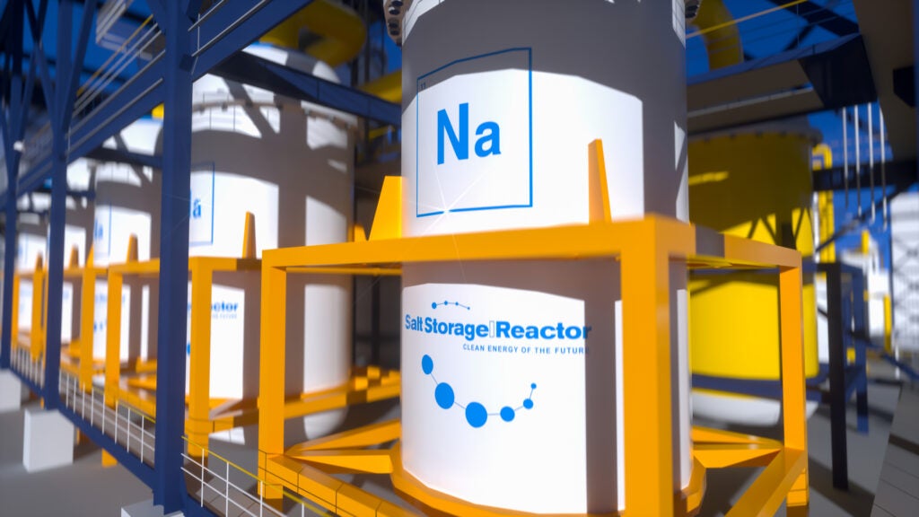 concept illustration of a salt energy storage natrium sodium nuclear reactor power plant on a sunny day. Molden Salt energy storage is a future energy concept. 3d rendering.