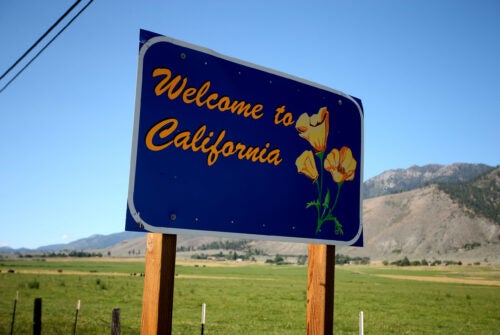 Welcome to California sign at the Nevada state line south of Carson City, Nevada along state route 88.