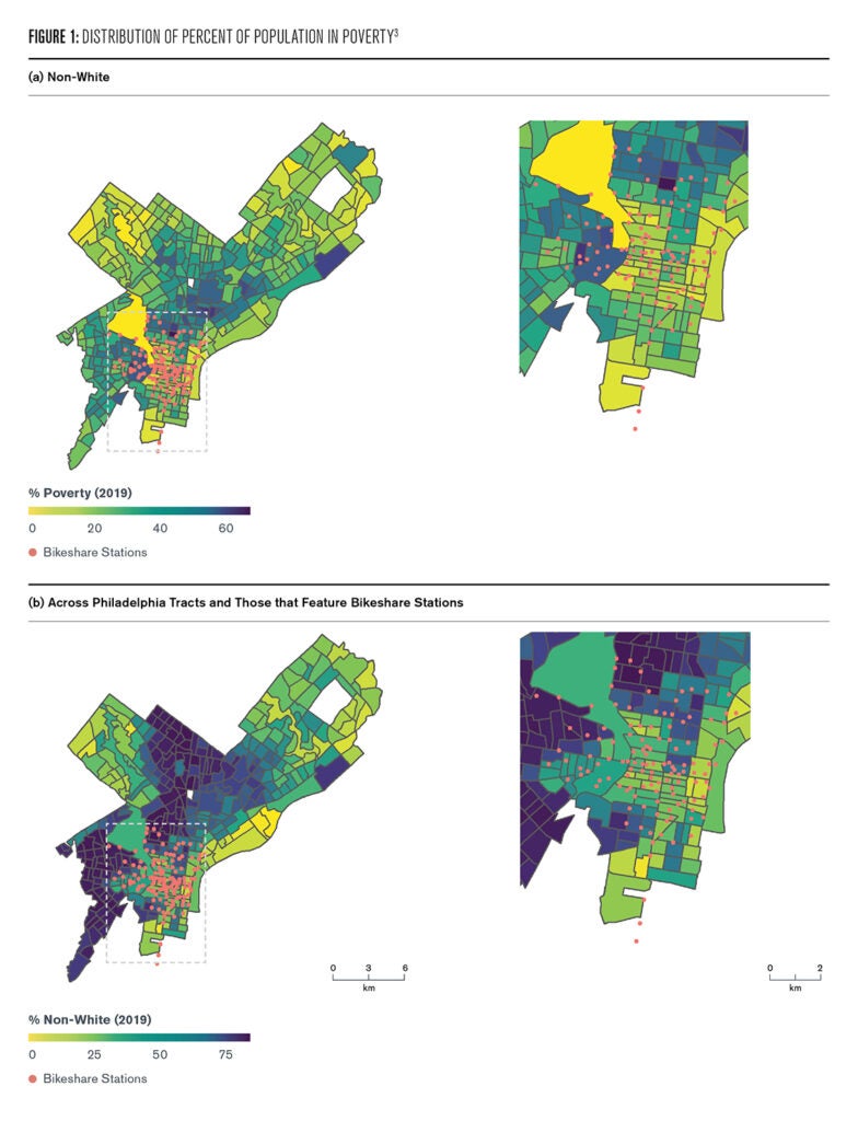 Figure 1. Spatial distribution of Indego bikeshare stations overlayed on: a) the percent of population in poverty and b) the percent of population nonwhite across Philadelphia census tracts. While the distribution of bikeshare stations is clearly clustered in central areas of Philadelphia – and within central areas, in higher income and more white census tracts – the Indego system does cover a socioeconomically diverse array of neighborhoods in the city.