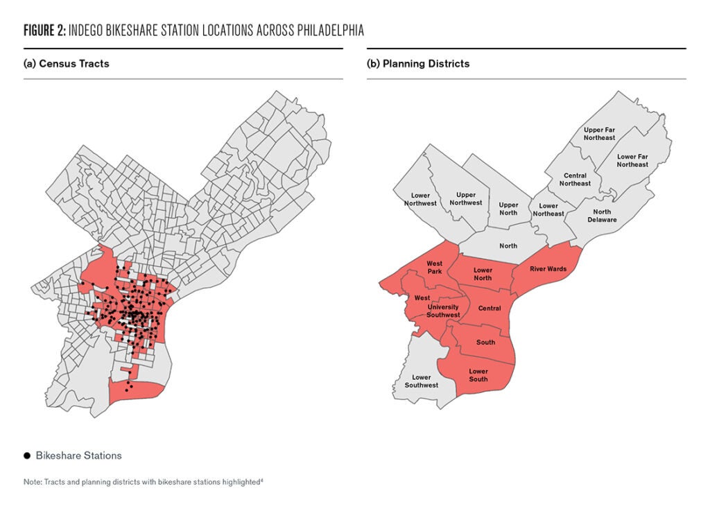 Figure 2. Spatial distribution of Indego bikeshare stations across: a) Philadelphia census tracts and b) planning districts. While the range of planning districts that feature stations covers a large swath of Philadelphia, some districts only feature a few stations, and those stations are often located at the outskirts of the district closest to the central area. 
