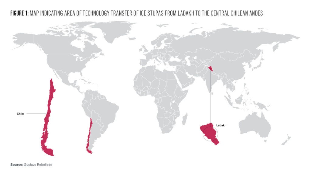 A map of the world highlighting the location of Chile and Ladakh in red to indicate the transfer of technology form the Himalayas to the Andes.