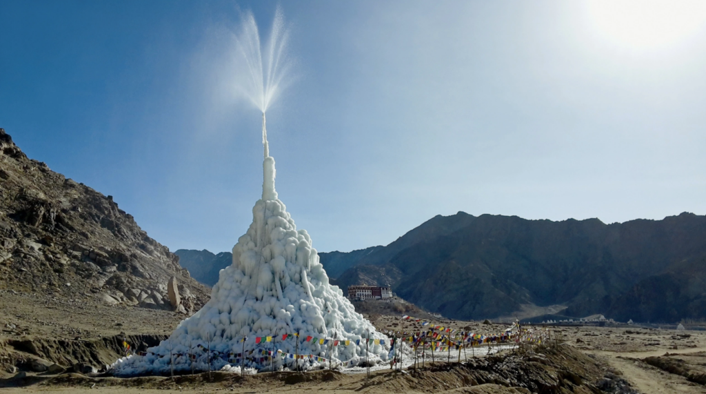 An ice stupa in Ladakh accumulates ice from a sprinkler-like system. 