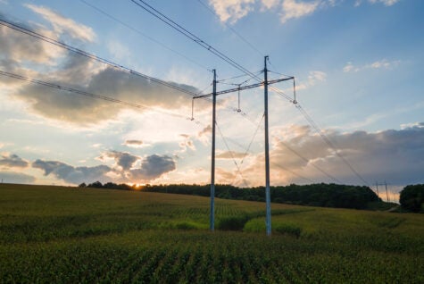Tower with electric power lines for transfering high voltage electricity located in agricultural cornfield. Delivery of electrical energy concept.