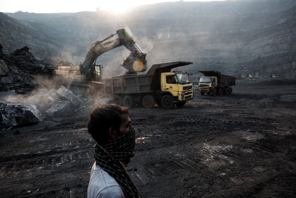 Stones extraction process is going on in the coal mine in Jharia, Dhanbad, India, in order to relieve coal layers.