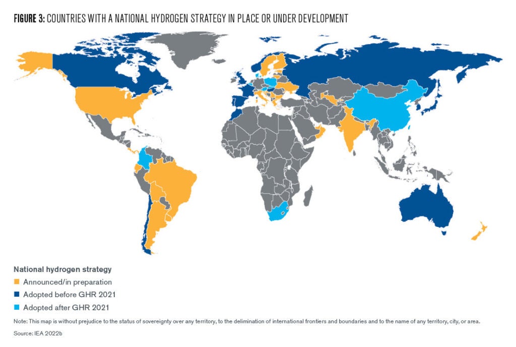 	Figure 3: This map shows countries with a national hydrogen strategy in place (light or dark blue) or under development (yellow). Most developed countries in Asia and Europe have adopted strategies. India, Brazil, and the US have announced strategies. 