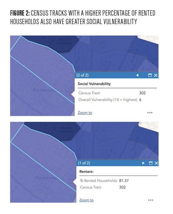 Figure 2: A screengrab of a single census track demonstrating how social vulnerability scores often overlap with the percentage of homes that are renter-occupied. 