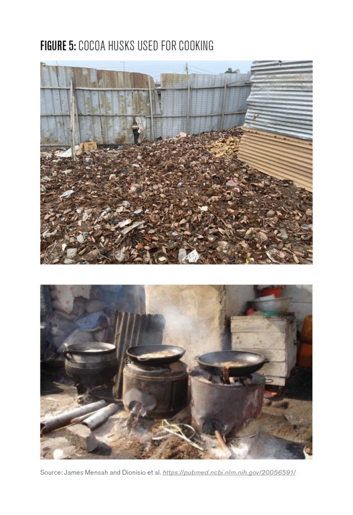 Figure 5: These two photos demonstrate 1) a rough pile of coco husks,  and 2) three stoves fueled by coco husks. 