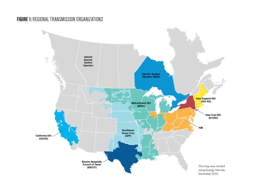 Figure 1: a map of areas in the country with regional transmission organizations, with most regions included but the southeast and west excluded from RTO membership 