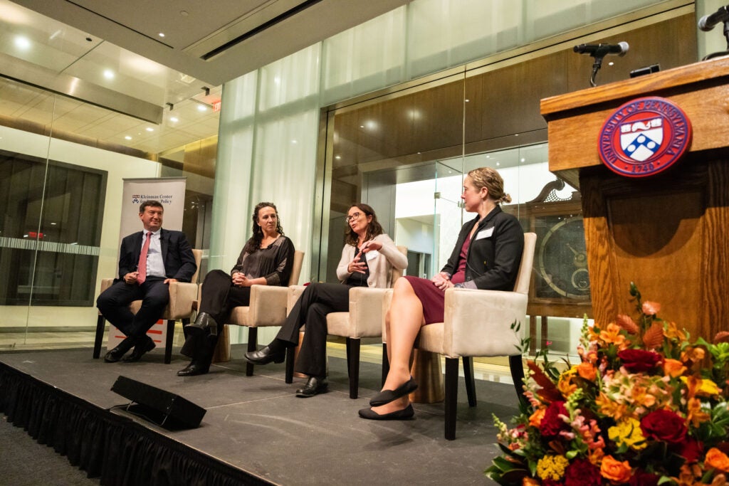 Scott Kleinman, Shelley Welton, Jen Wilcox, and Sanya Carley chat on a panel during the center's 10th anniversary gala.