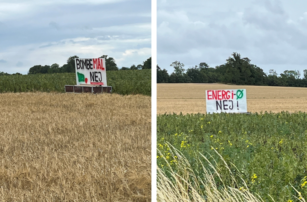 Offshore renewable energy infrastructure protest signs on the island of Bornholm, Denmark (August 2023). Translations: Left - “Bomb Target No.” Right - “Energy Island No”