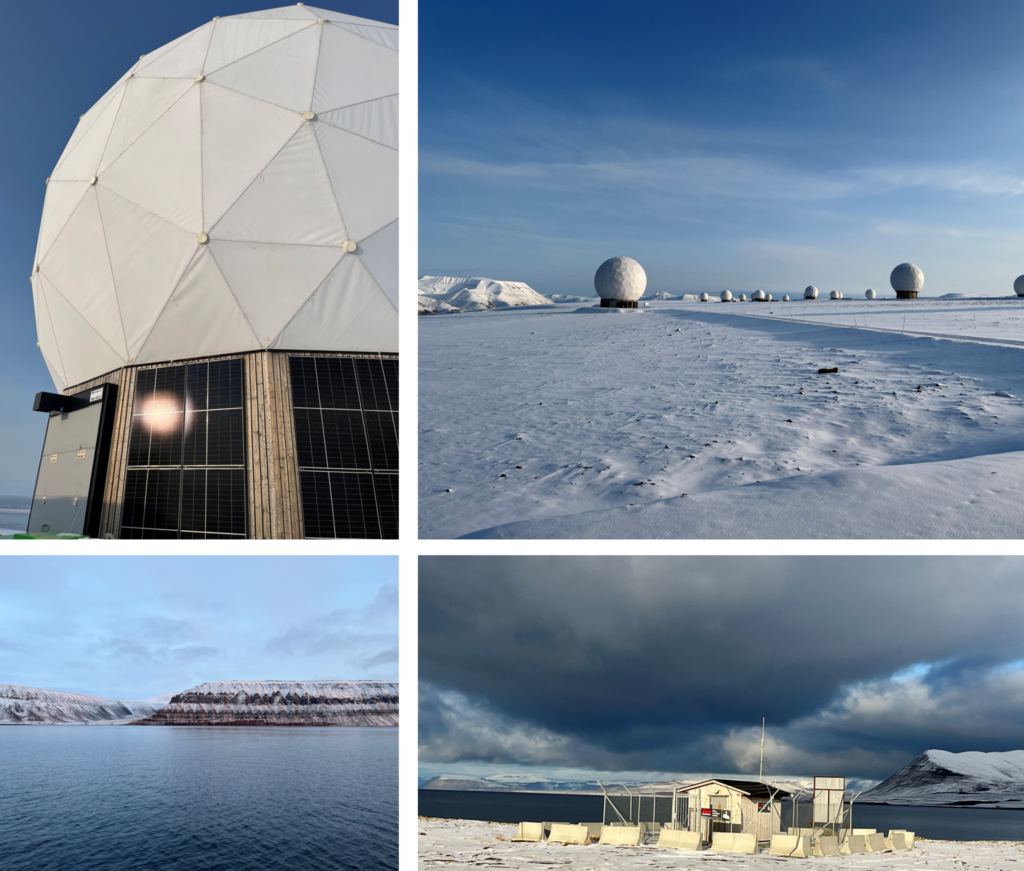 Top left and right: Images of the SvalSat commercial satellite ground station on the archipelago of Svalbard, Norway. Lower Left: Isfjorden fjord in the archipelago of Svalbard, Norway near the port of Longyearbyen. The Svalbard Undersea Cable System runs on the seabed of Isfjorden near where this photo was captured aboard a vessel under weigh on the fjord. Lower Right: Svalbard Undersea Cable System landing facility in Longyearbyen, Svalbard.