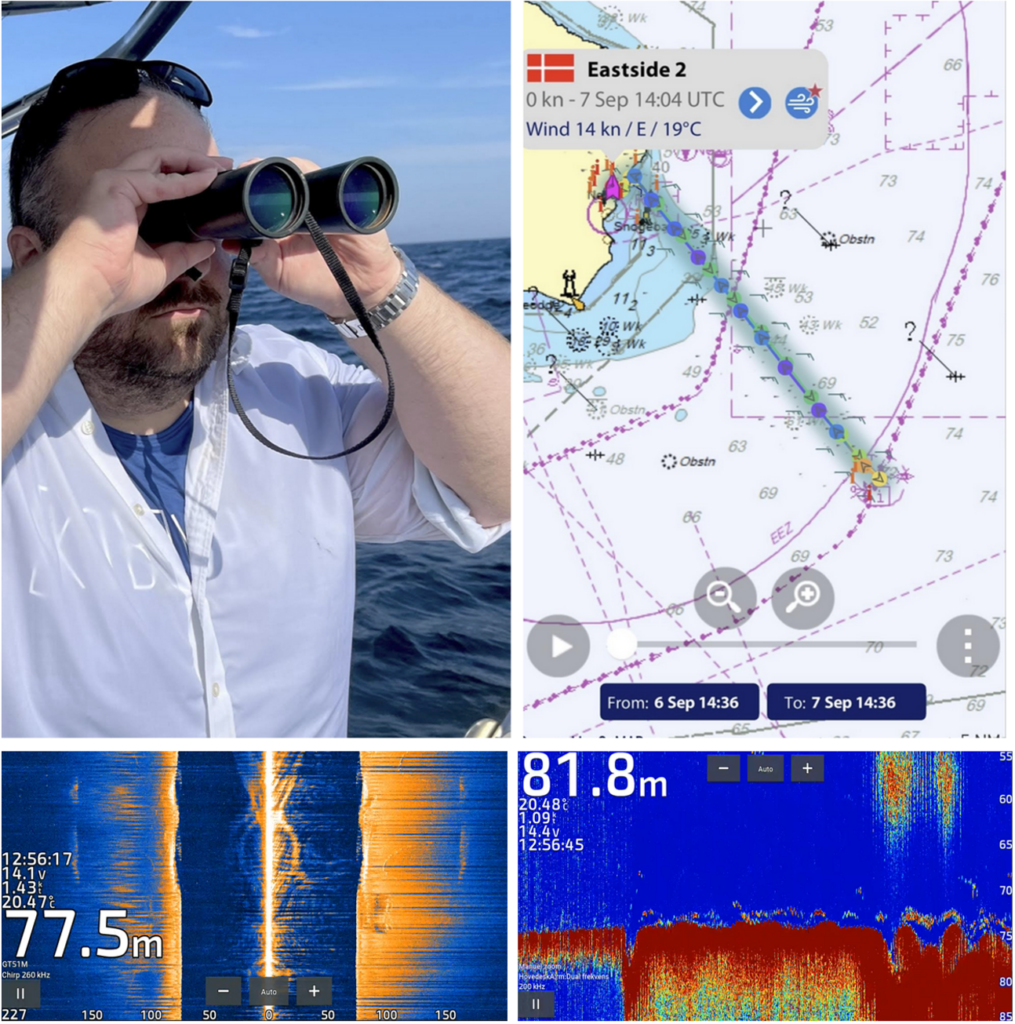 Top Left: Image of author Schmitt at the site of the Nord Stream 2 blast site on the Baltic Sea southeast of the Danish island of Bornholm in September 2024 on a research expedition chartered to obtain seabed sonar data of the Nord Stream 2 blast site. Top Right: MarineTraffic AIS track of the commercial <EASTSIDE 2> vessel that was chartered by author Schmitt for the September 2024 research expedition. Bottom Left and Right: Selected side scanning sonar and profilometry data obtained at the Nord Stream 2 blast site in September 2024, including data showing large craters of roughly ~5 meters in depth gouged into the Baltic seabed likely created by the sabotage explosions of Nord Stream 2 in September 2022.