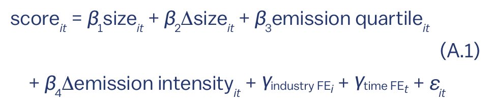 score_it = βā size_it + βā Īsize_it + βā emission quartile_it + βā Īemission intensity_it + γ_industry FEįµ¢ + γ_time FEā + ε_it