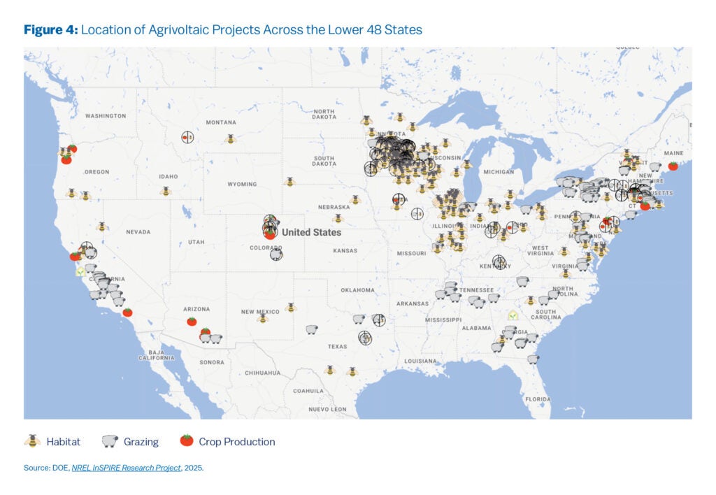 Location of Agrivoltaic Projects
Map of the United States showing locations of agrivoltaic projects using icons for bees (habitat), sheep (grazing), tomatoes (crop production), and other symbols. The densest clusters appear in Minnesota, Wisconsin, and the Northeast, with additional sites in California, Oregon, and Colorado.