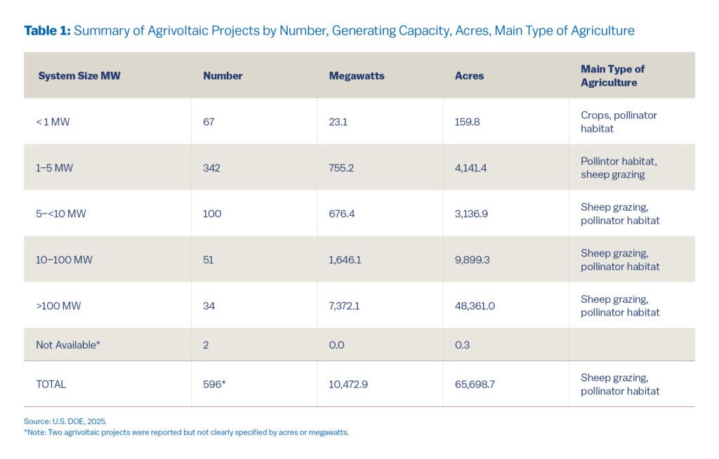 Table summarizing agrivoltaic projects in the U.S. by system size, number, capacity, acreage, and type of agriculture. Categories are <1 MW, 1–5 MW, 5–<10 MW, 10–100 MW, >100 MW, and not available. The table shows totals of 596 projects, 10,472.9 megawatts, and 65,698.7 acres. Main agricultural uses include crops, pollinator habitat, and sheep grazing, with larger systems mostly supporting sheep grazing and pollinator habitat. Source: U.S. DOE, 2025.