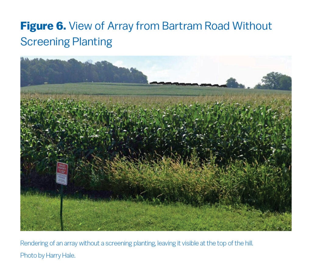 This is a photograph of the ideal location for the project, with a visionary rendering included of what the array looks like from Bartram Road without any silvopasture plantings. The solar array is in full view.
