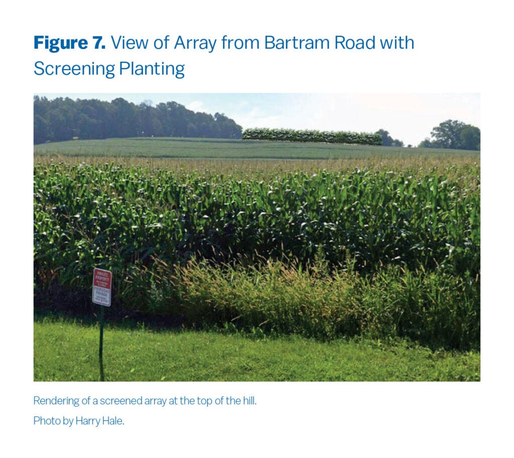 This is a photograph of the ideal location for the project, with a visionary rendering included of what the array looks like from Bartram Road with silvopasture plantings. The array cannot be easily seen.
