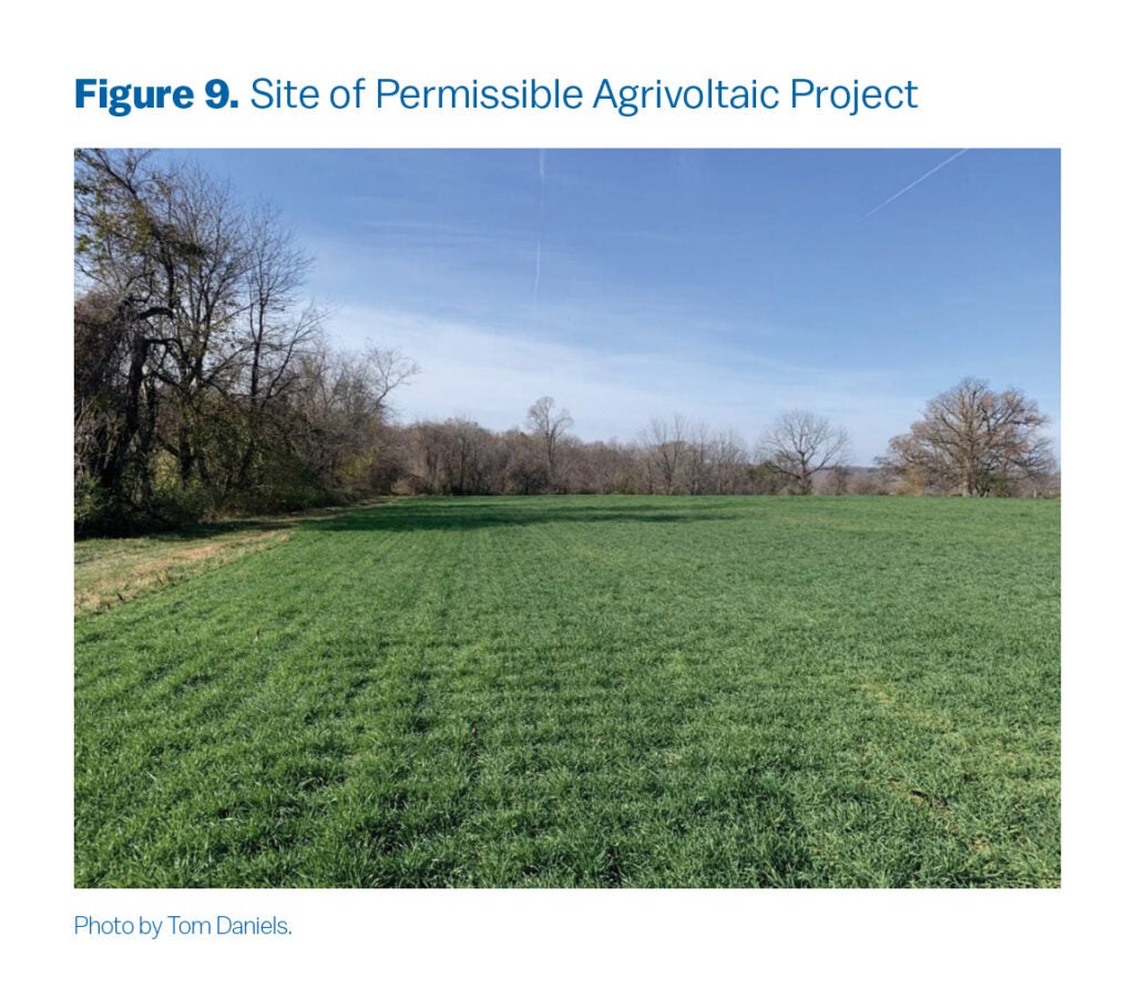 This photograph shows the proposed site for the permissible agrivoltaic project. 
