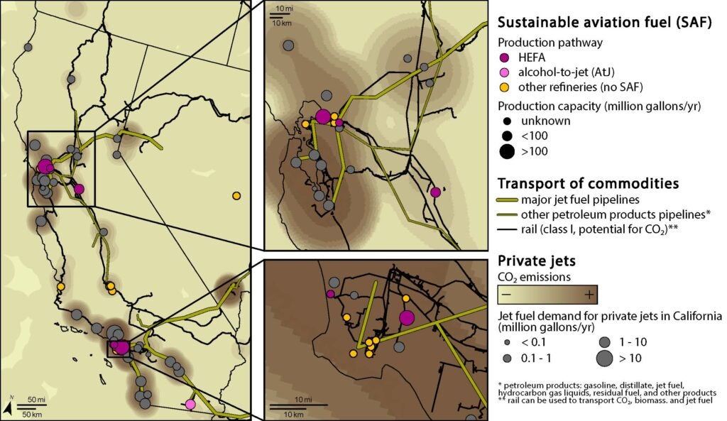 Figure 2: This figure is a map of California with zoomed in maps of the Bay Area and Los Angeles that concentrates most of the potential activity for SAF production. It shows the location of current and potential SAF production pathways, jet fuel pipelines and rail for SAF transport, and private jet airports that could drive the demand for SAF. Current and announced SAF pathways in California are Hydrotreated Esters and Fatty Acids (HEFA), and alcohol-to-jet, and are in the Bay area and Los Angeles. Two refineries have announced production of over 100 million gallon per year, but others have not disclosed their production goals. Other refineries are also shown as potential locations for SAF production. An estimate of the CO2 emissions from private jets is shown as a density mapping layer and the jet fuel demand for private jet is shown in millions of gallons per year for each airport, most of the demand being concentrated in the Bay area and Los Angeles area.

